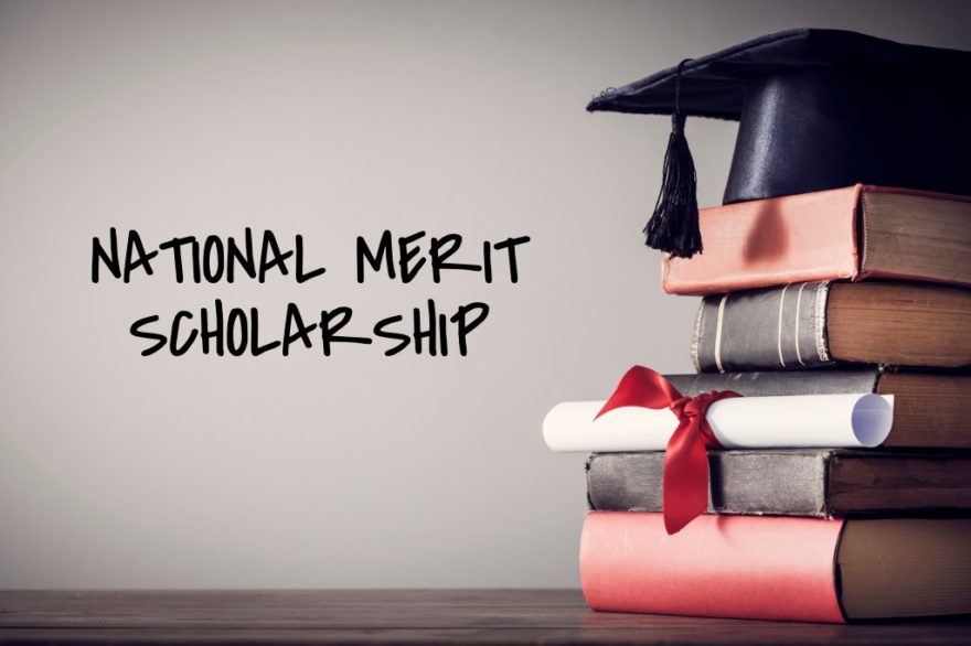 A stack of books with a graduation cap on top and the text 'National Merit Scholarship' in the negative space to the left.