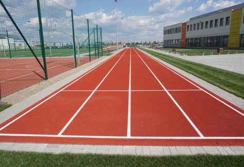 A sprinting track on a school's sports field.